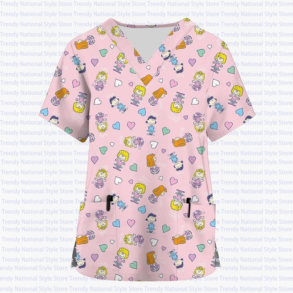 여성 간호 의류 만화 스누피 프린트 포켓 v 넥 탑 의료 유니폼 병원 간호사 미용실 수술 의류