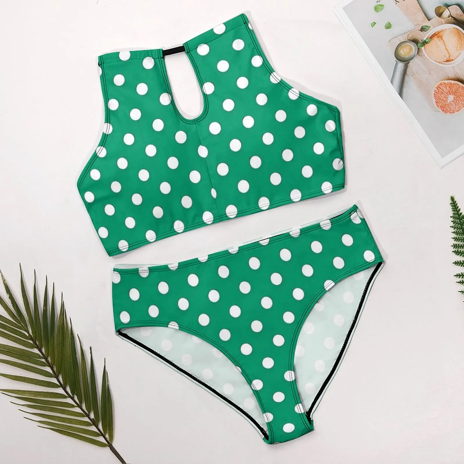 Green And White Polka Dots Print Bikini Swimsuit  Swimwear Sexy Push Up Simple Bikinis Set Women Swim Strap Beach Outfits