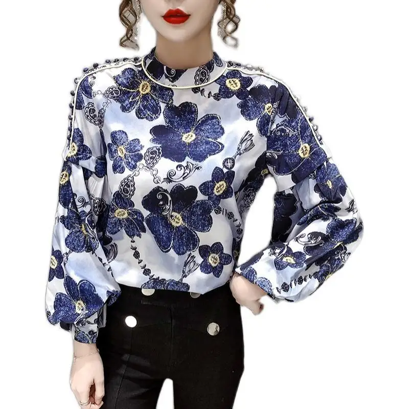 Korean Commute Spring Autumn New Blouses Women\'s Fashion Spliced Round Neck Printed Button Loose Lantern Sleeve Pullover Shirts