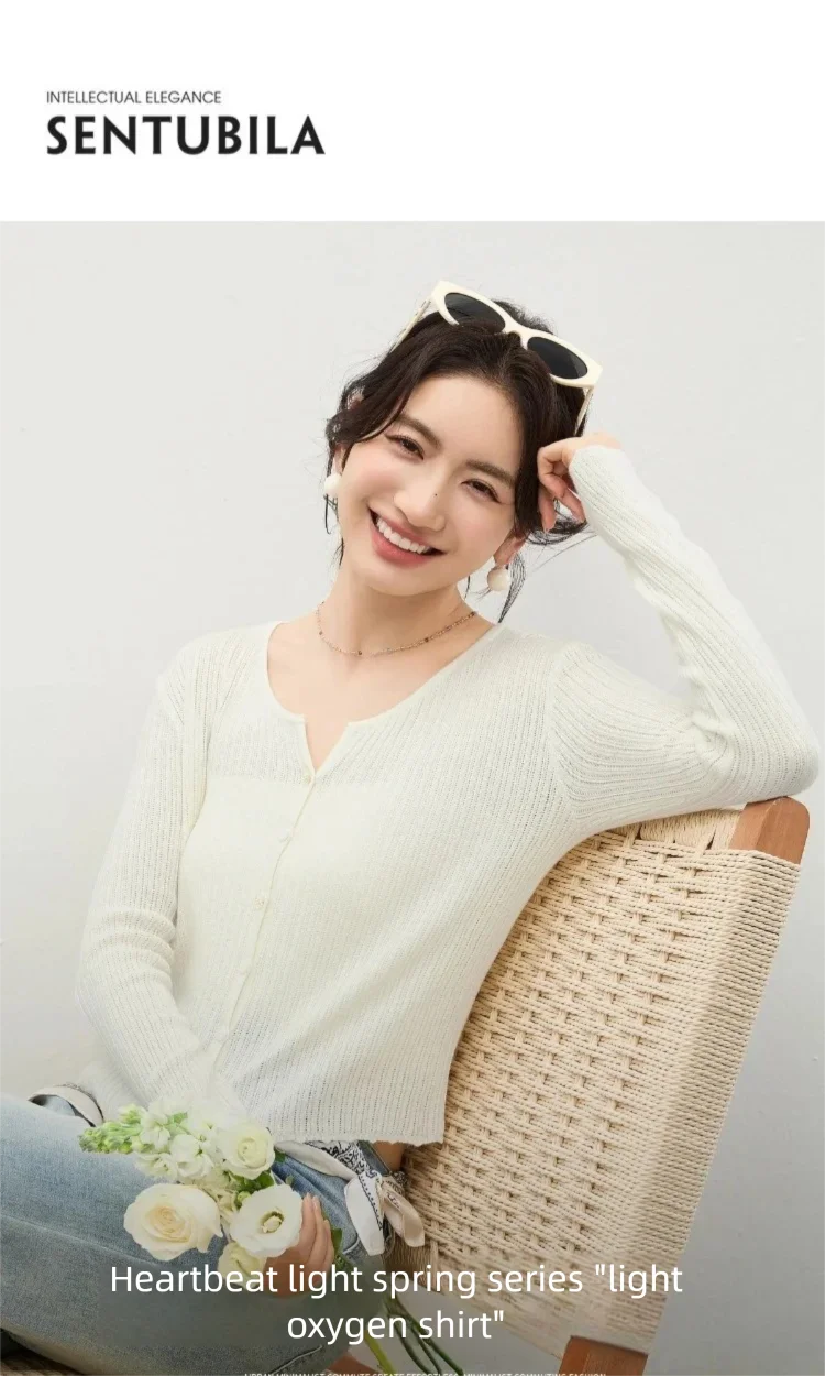 SENTUBILA Damen-Strickjacke mit Lochmuster 2026 Frühling Langarm-Strickoberteil für Frauen Wollmischung Slim Fit Strickware W61HE6033 – Detail 1