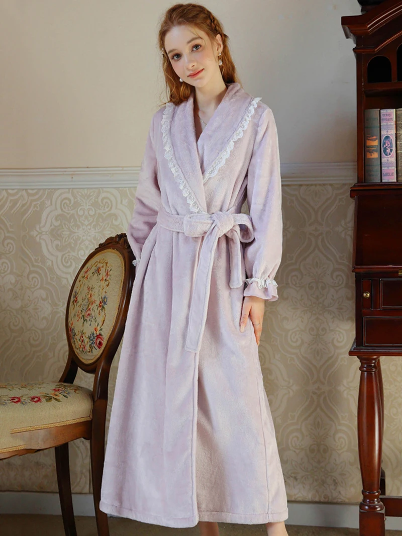 Velvet Thicken Sleeping Robe for Women Autumn Winter Princess Long Nightdress French Morning Robe Girls Long Sleeve Pajamas