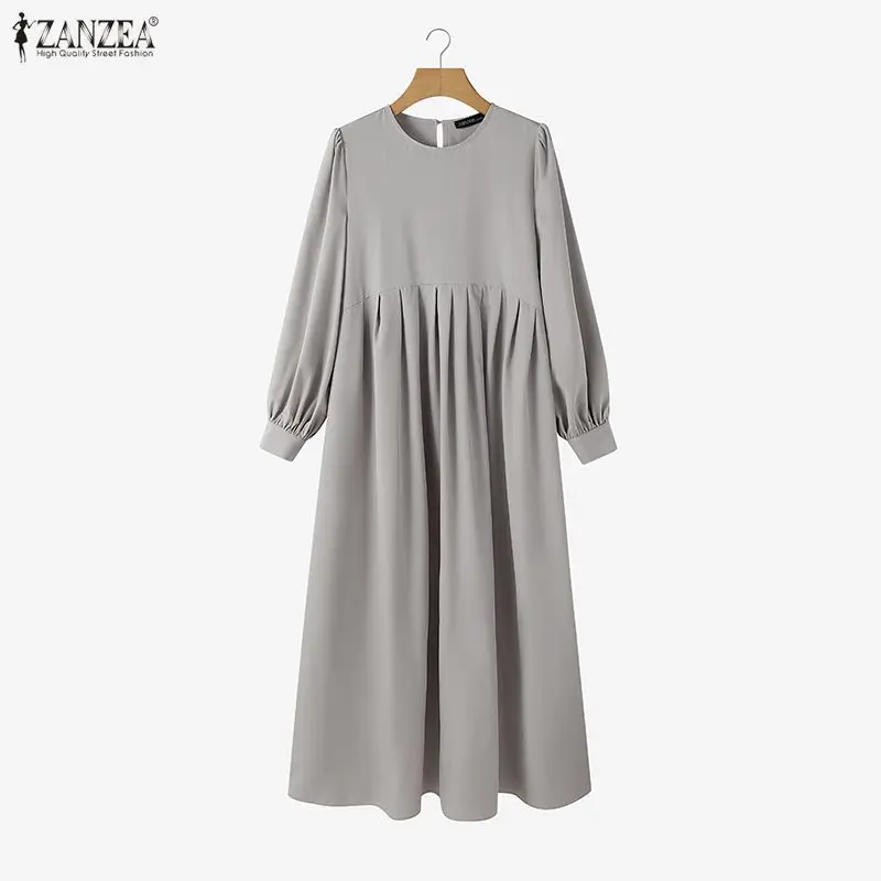 ZANZEA Eleganckie, luźne, plisowane długie sukienki damskie, moda muzułmańska, hidżaby, dekolt okrągły, długi rękaw, abaje, szaty, odzież islamska na Ramadan