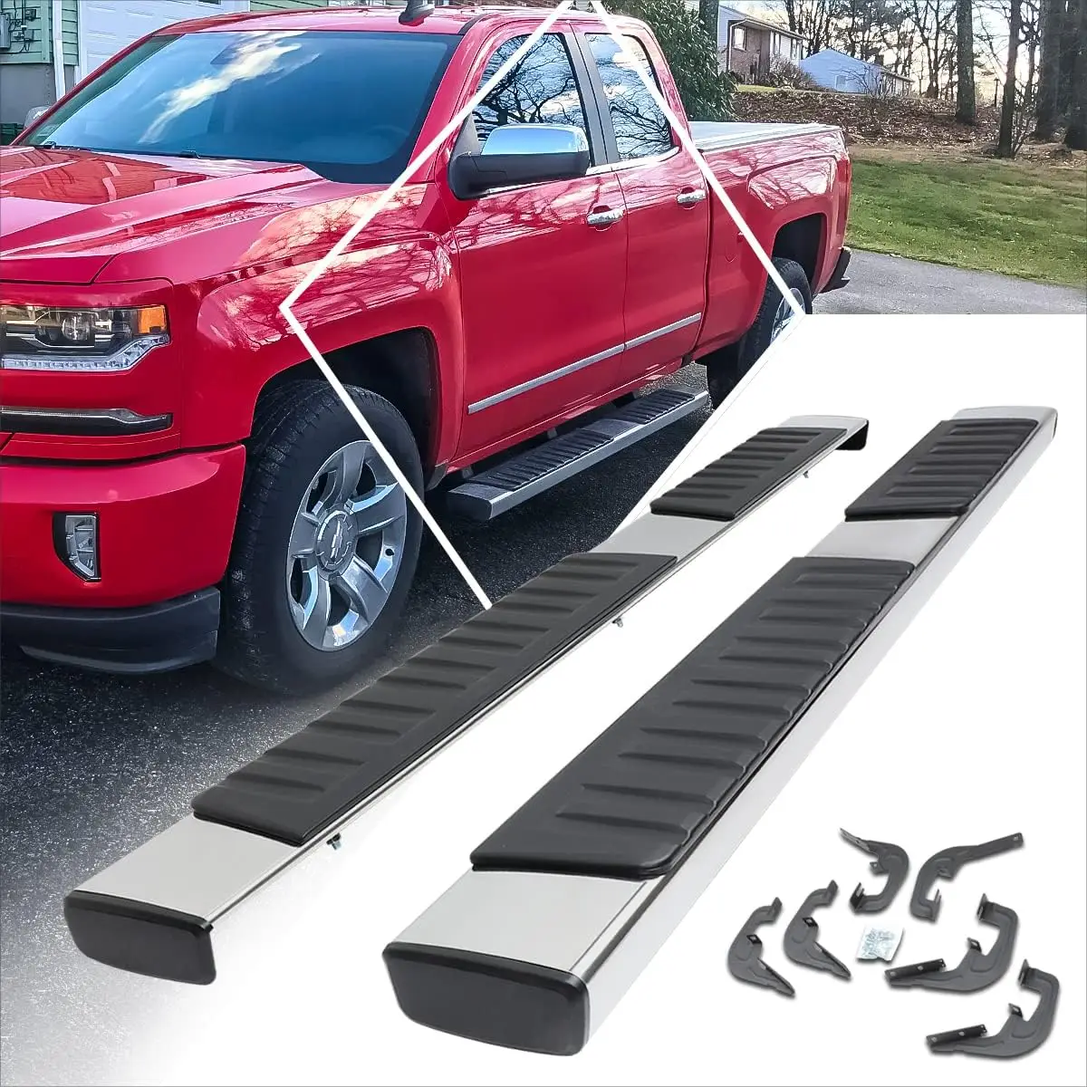 [Pair] 6 Inch Chrome Stainless Running Boards Side Step Bars Compatible with 07-19 Chevy Silverado/GMC Sierra Extended Cab