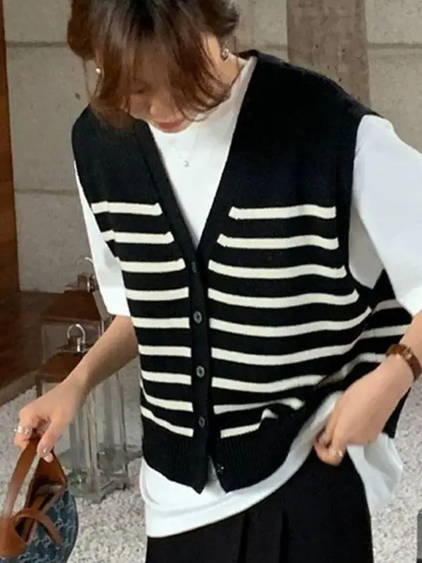Black White Striped Sleeveless Knitted Vest Outerwear Women's Spring Autumn Open Cardigan Sweater V-neck Regular Fit Antibact...