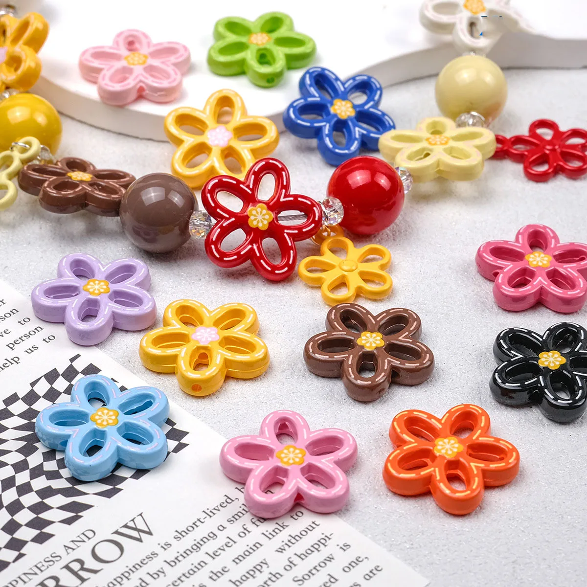 DIY Jewelry Findings AB Colors Hollow Out Style Acrylic Flowers Beads Fit Necklace Bracelet Earring Keychain 24*25*5mm 70pcs