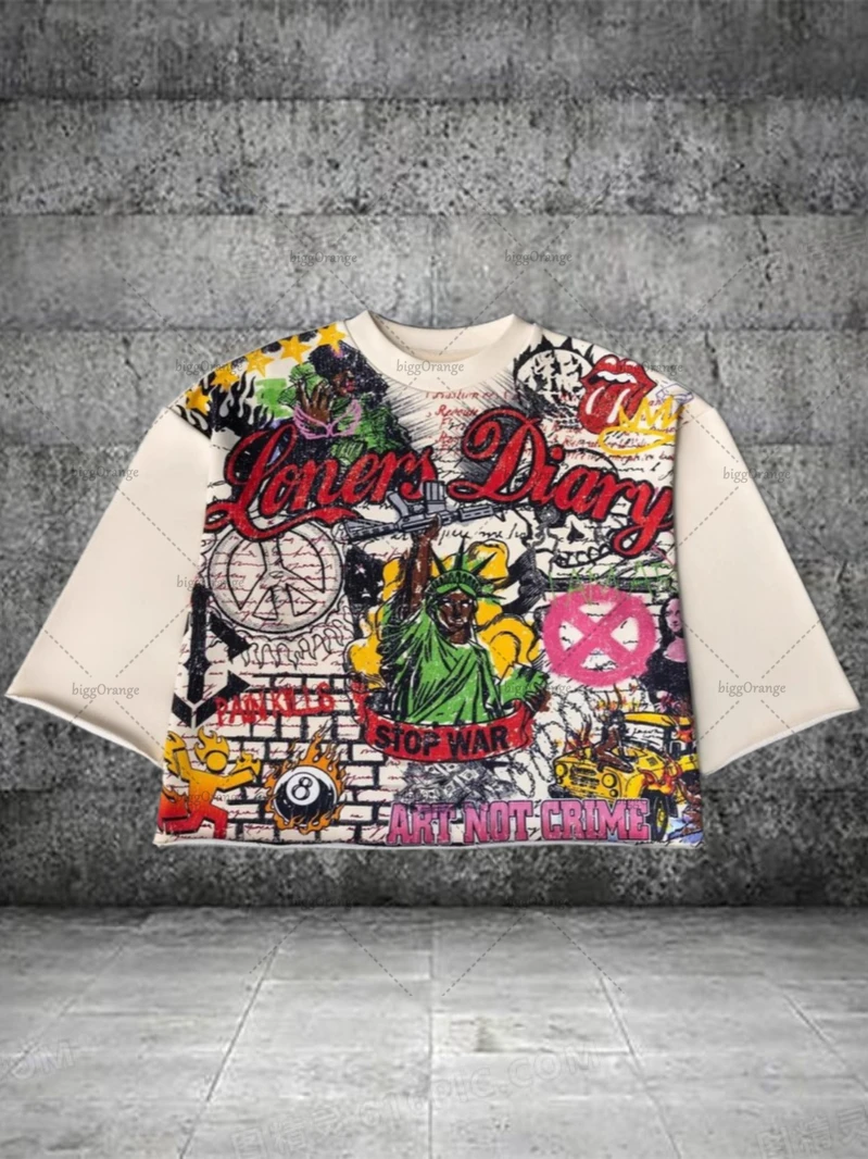 

Street Pattern Hip Hop Style Cotton Short Sleeve T Shirt Y2k European Vintage Pattern Printed T Shirt Neutral Rock Streetwear