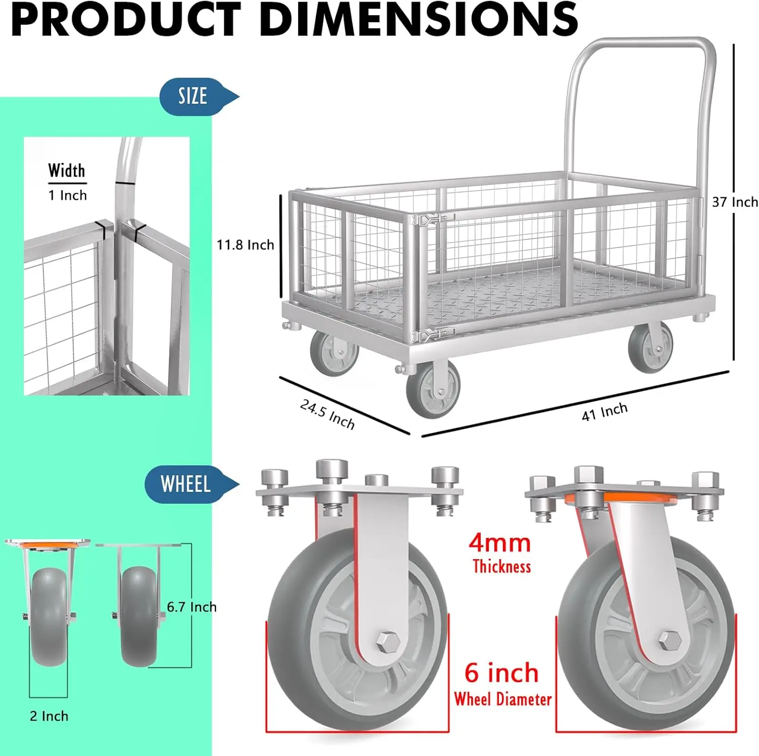 4-in-1 Platform Truck Cart with Cage, Multi-Purpose Heavy Duty Steel Flatbed Cart with 2200lbs Capacity Platform Hand Truck 6" W