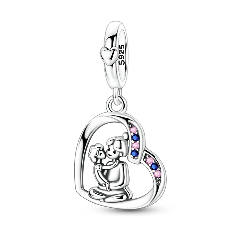 Nuevo Colgante de Plata de Ley 925 con Forma de Corazón de Padres e Hijos, Compatible con Cadenas de 3 mm, Joyería Original para Mujer, Regalos de Cumpleaños