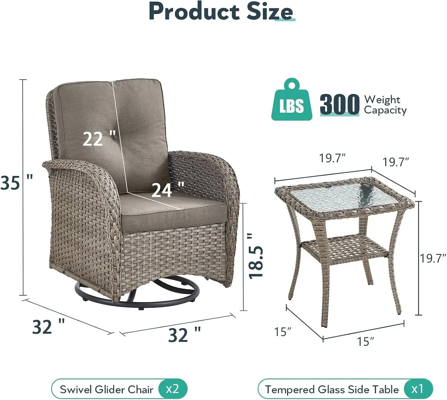 USA StockOutdoor Swivel Glider Rocker Chairs - 3 Piece Wicker Patio Furniture Set, All Weather Patio Bistro Sets with Glass Side
