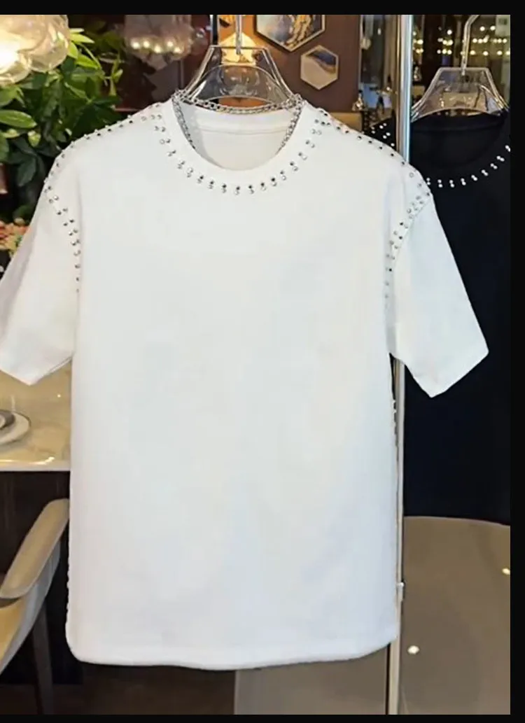 2026 Summer New Men's American Street Style Rivet Loose Casual Daily Black White Round Neck Short Sleeve T-shirt with Pocket