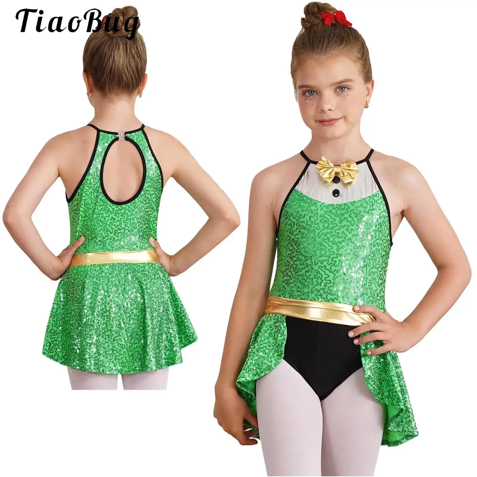Girls Bow Tie Tuxedo Ballet Dance Leotard Dress Sleeveless Sequin Halloween Christmas Circus Magician Cosplay Jazz Dance Costume