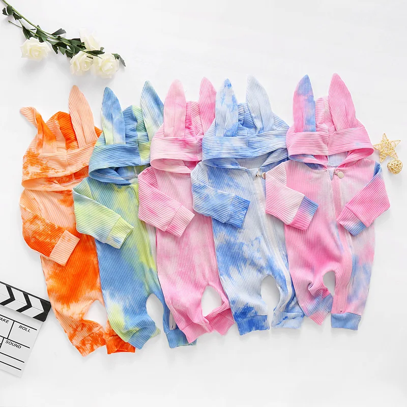 

2026 All Seasons Girls Baby Rabbit Ears Tie-dyed Cotton Pit Strips One-piece Climbing Suit