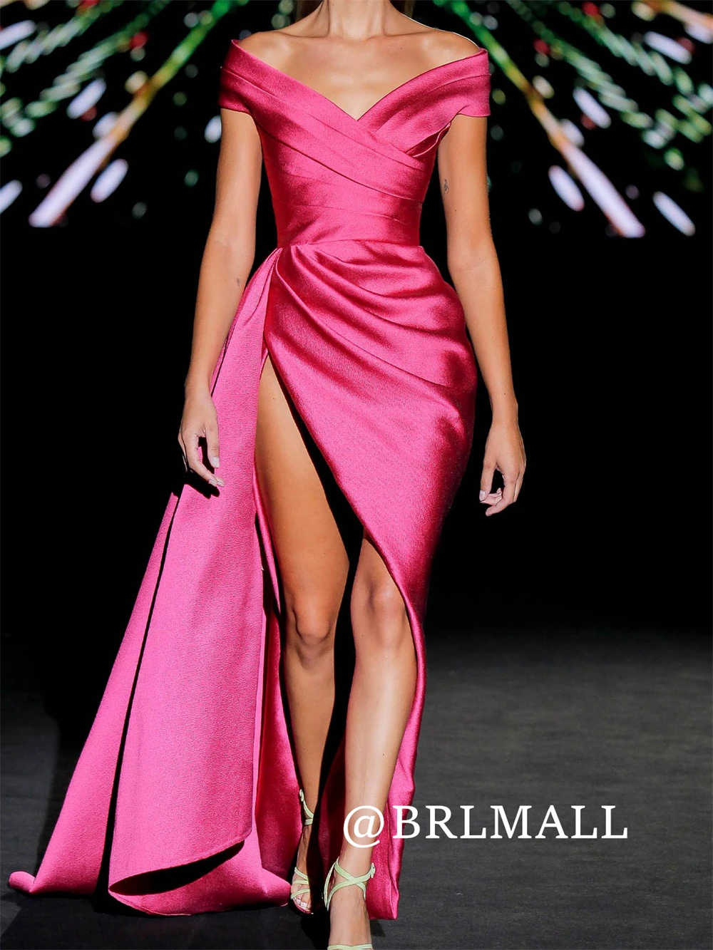 Brmall vestido de baile rosa quente para mulheres, sexy, fenda alta, mangas longas, vestidos de noite personalizados, vestidos formais 2025