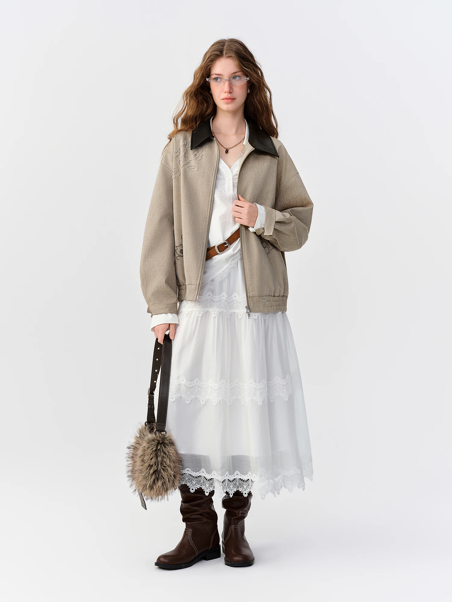 DUSHU 2026 Fall Women's Vintage Linen Faux Leather Beaded Jacket - Elegant Relaxed Fit Notch Collar Outerwear for Daily Wear