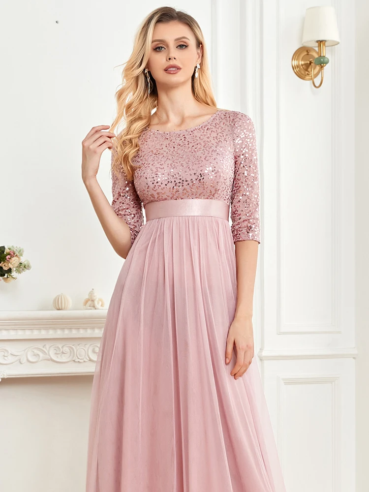 Lucyinlove-Robe de soirée longue en mousseline de soie pour femmes, col rond, paillettes roses, manches courtes, demoiselle d'honneur, fête de mariage, Maxi