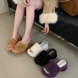 House Slippers Platform High-Heeled Shoes Lady Fur Flip Flops Low On A Wedge Slides Women Thongs Plush Hawaiian Rome PU Fabric R
