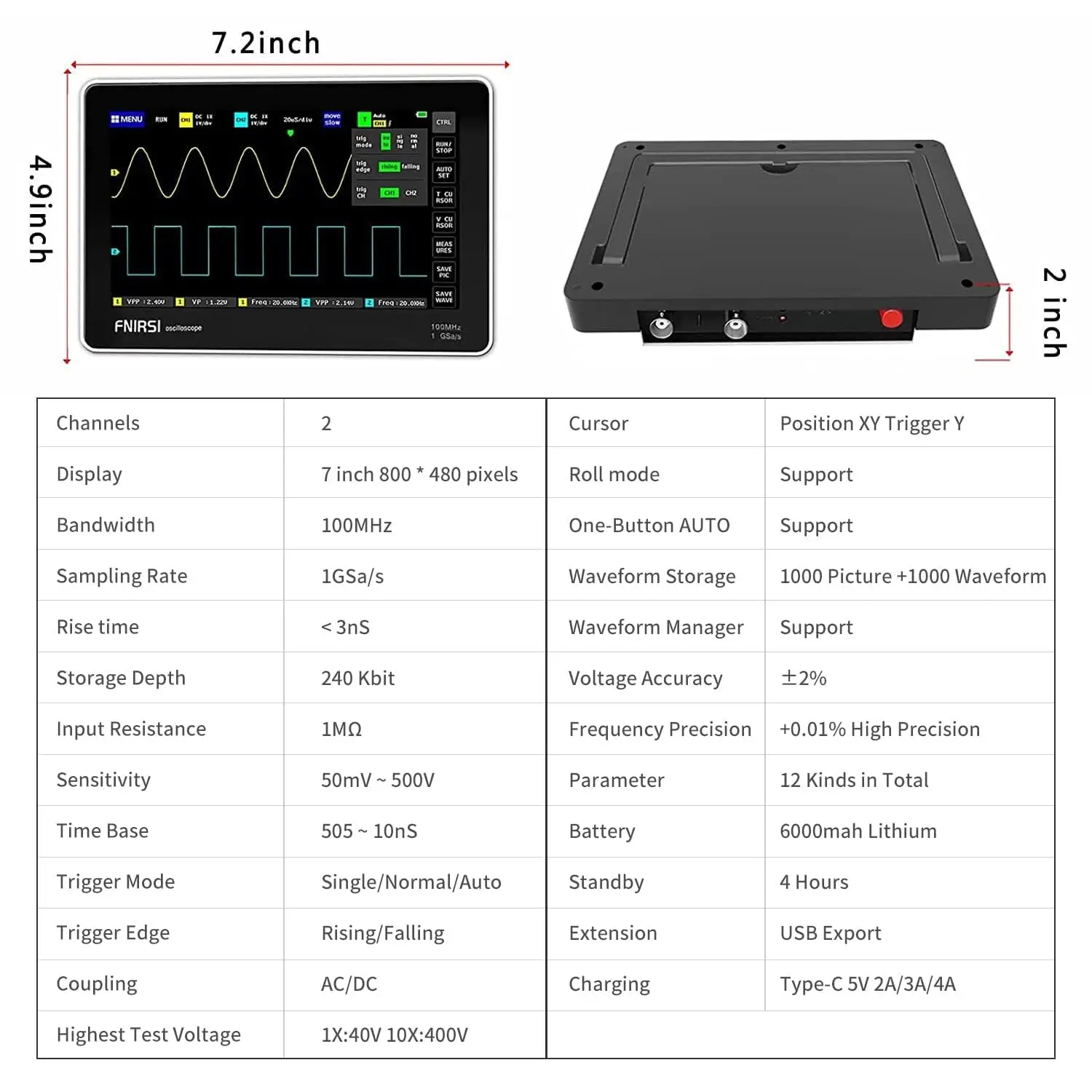 2CH 100MHz 1GSa S Tablet Oscilloscope 7 Inch Touch Screen Digital Storage Oscilloscope for Electronics Auto Repair DIY Engineer