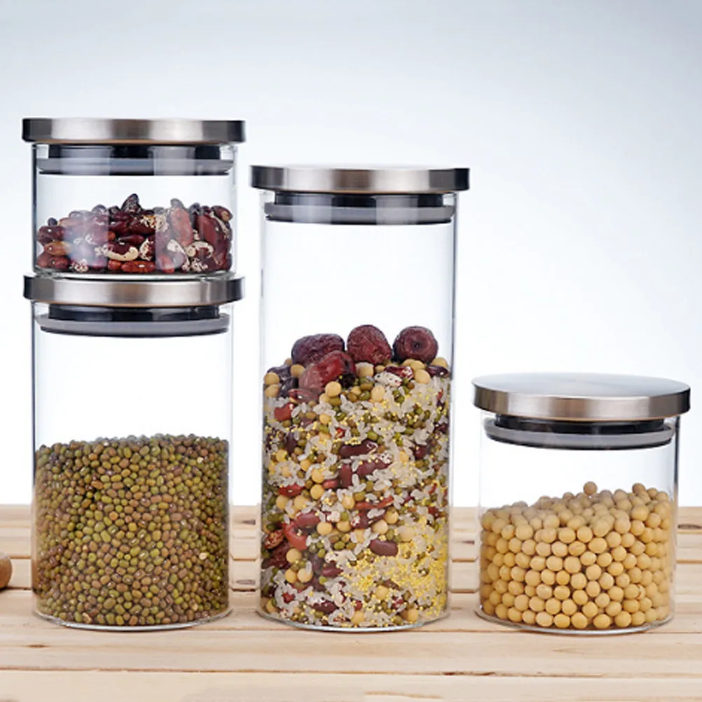 350Ml Glass Storage Can Airtight Moisture Proof Sealed Tank with Stainless Steel Lid Clear Surface Portable for Grains Nuts Tea