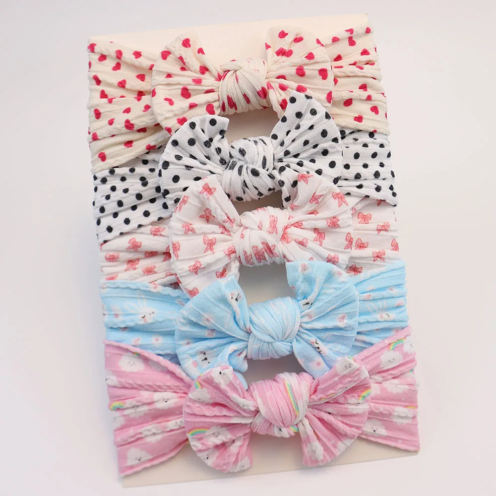 5pcs Baby Girl Headbands Printed Baby Bow Headband Newborn Gift Elastic Knit Nylon Children Turban Kids Baby Hair Accessories