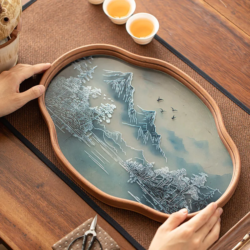 

Simple Bamboo Wood Glass Tray Dry Brew Tea Tray Household Chinese Retro Ink Wind Begonias Flower Pot Bearer Gongfu Tea Tray