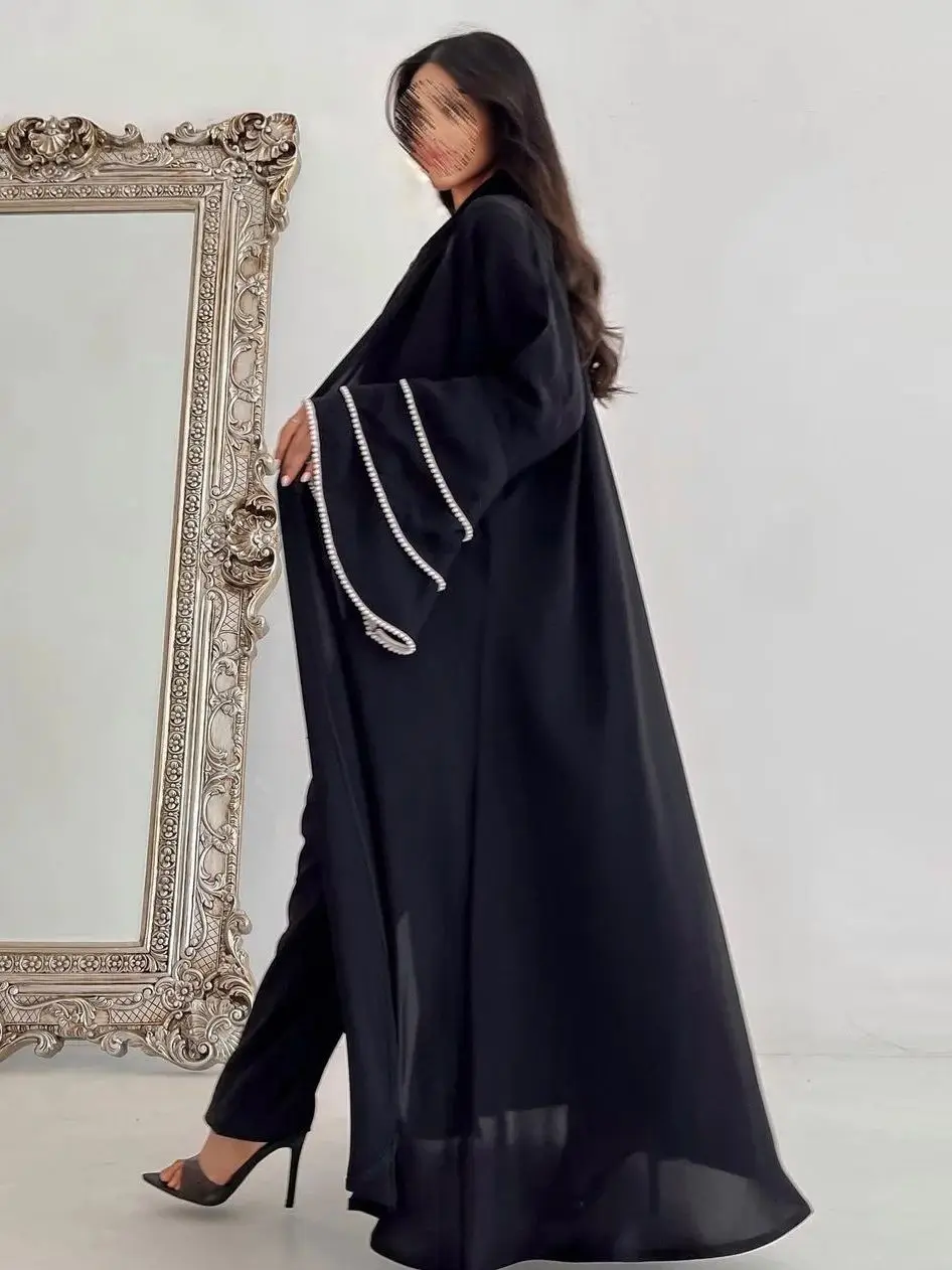 Fashion Flare Sleeve Muslim Dress Robe Syari Female Full Length Opened Pearl Abaya Muslim Dress Worship Service Abaya wy2031