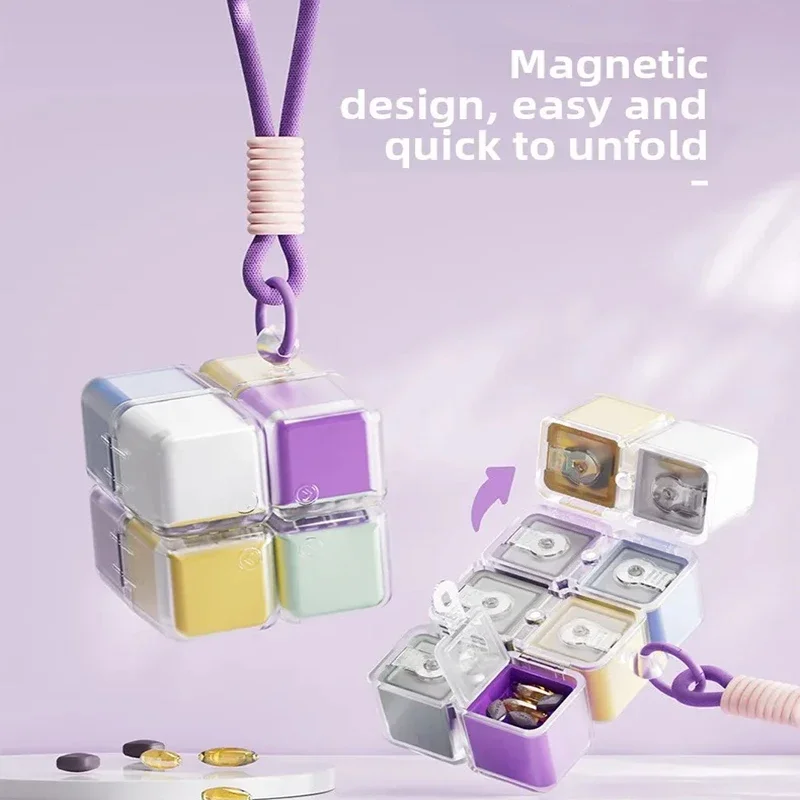8-Grid Magic Cube Medicine Storage Box – Sealed, Portable Travel Pill Organizer with Hanging Rope, Travel Essential