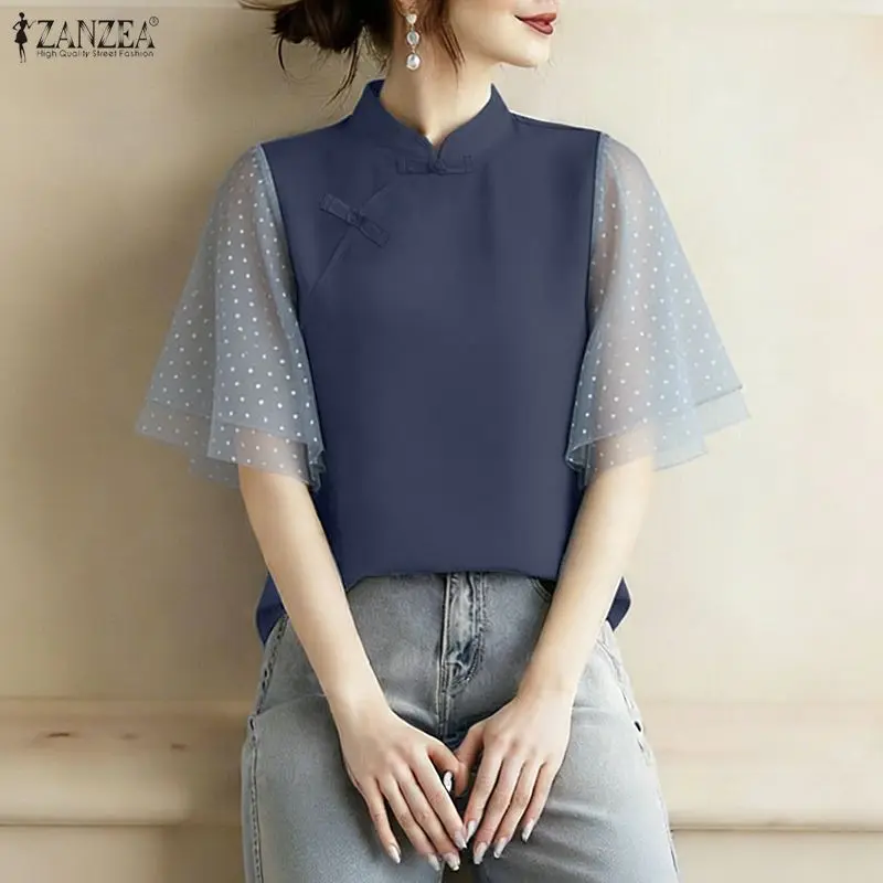 

ZANZEA Woman Elegant Blouses Vintage Mandarin Collar Polka Dot Mesh Patchwork Half Sleeve Tops Summer Casual Blusas de Mujer