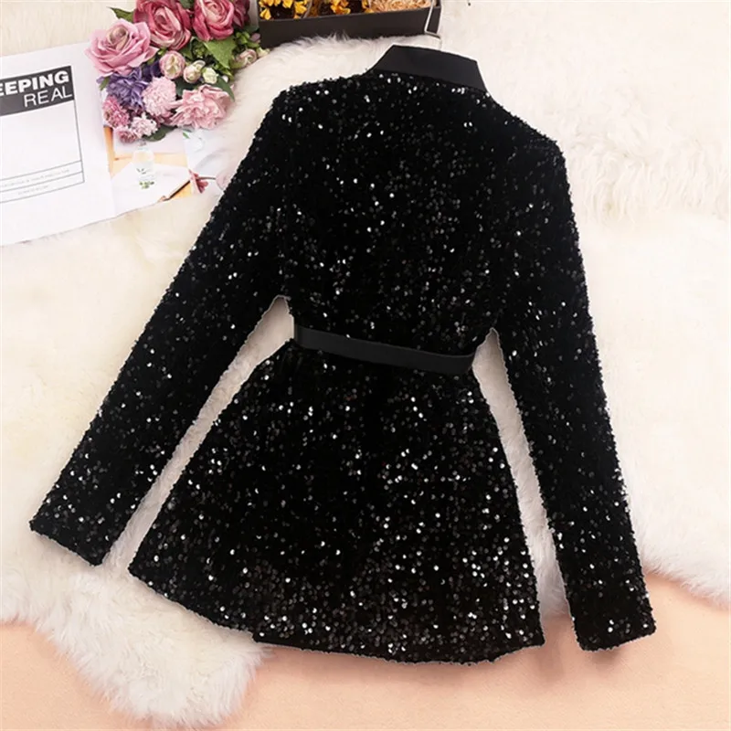 Black Sequins Suit Jacket Women Double Breasted Belt Fashion Long Sleeve Blazer Jacket Female Spring Autumn Chic Blazers Coat