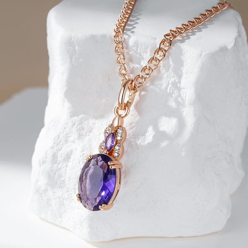 Kinel Sparkling Purple Oval Natural Zircon Pendant Necklace for Women 585 Rose Gold Color Pendant Vintage Party Daily Jewelry