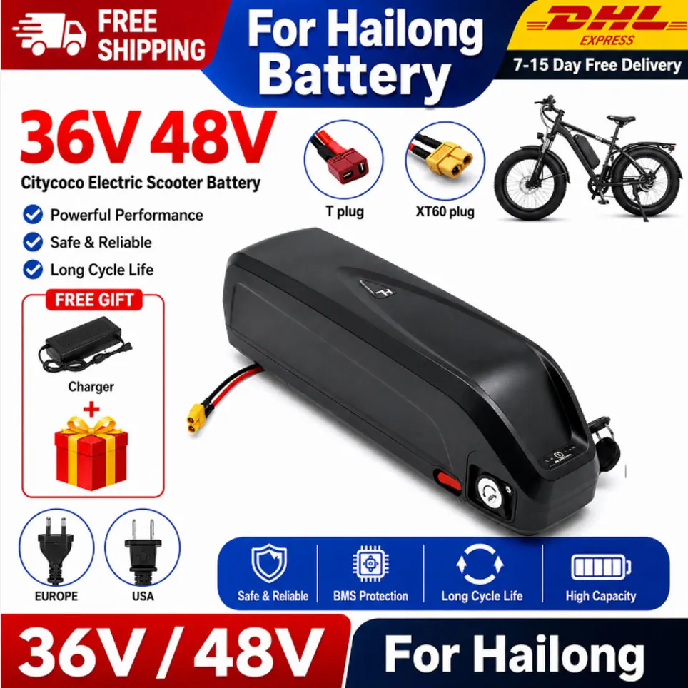 48V 20Ah Hailong E-Bike-Akku 30A BMS 1000 Zyklen Lithiumzellen Mit Ladegerät Kompatibel mit 250W 350W 450W 750W Motor