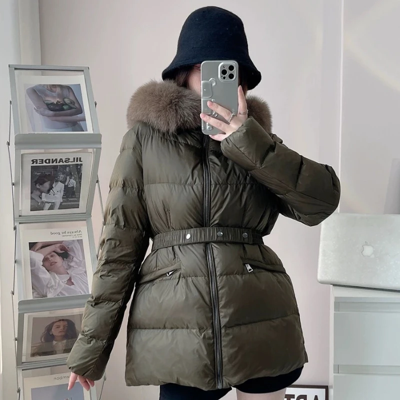 Women\'s Down Jacket Winter New Puffer Coats Simple Slim Waistband Outerwears Large Fur Collar Thick Warm Mid-length Down Coats