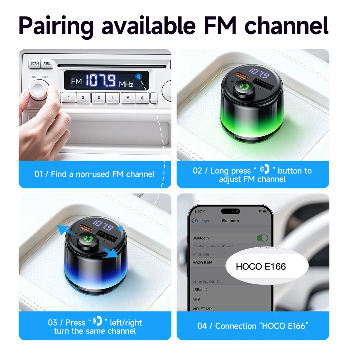 HOCO PD30W QC3.0 Samochodowy Bluetooth 6.0 FM Transmitter Zestaw Głośnomówiący Odtwarzacz MP3 Muzyka 360 Stopni Kolorowe Oświetlenie Ambientowe Zapalniczka Samochodowa — zdjęcie produktu 5