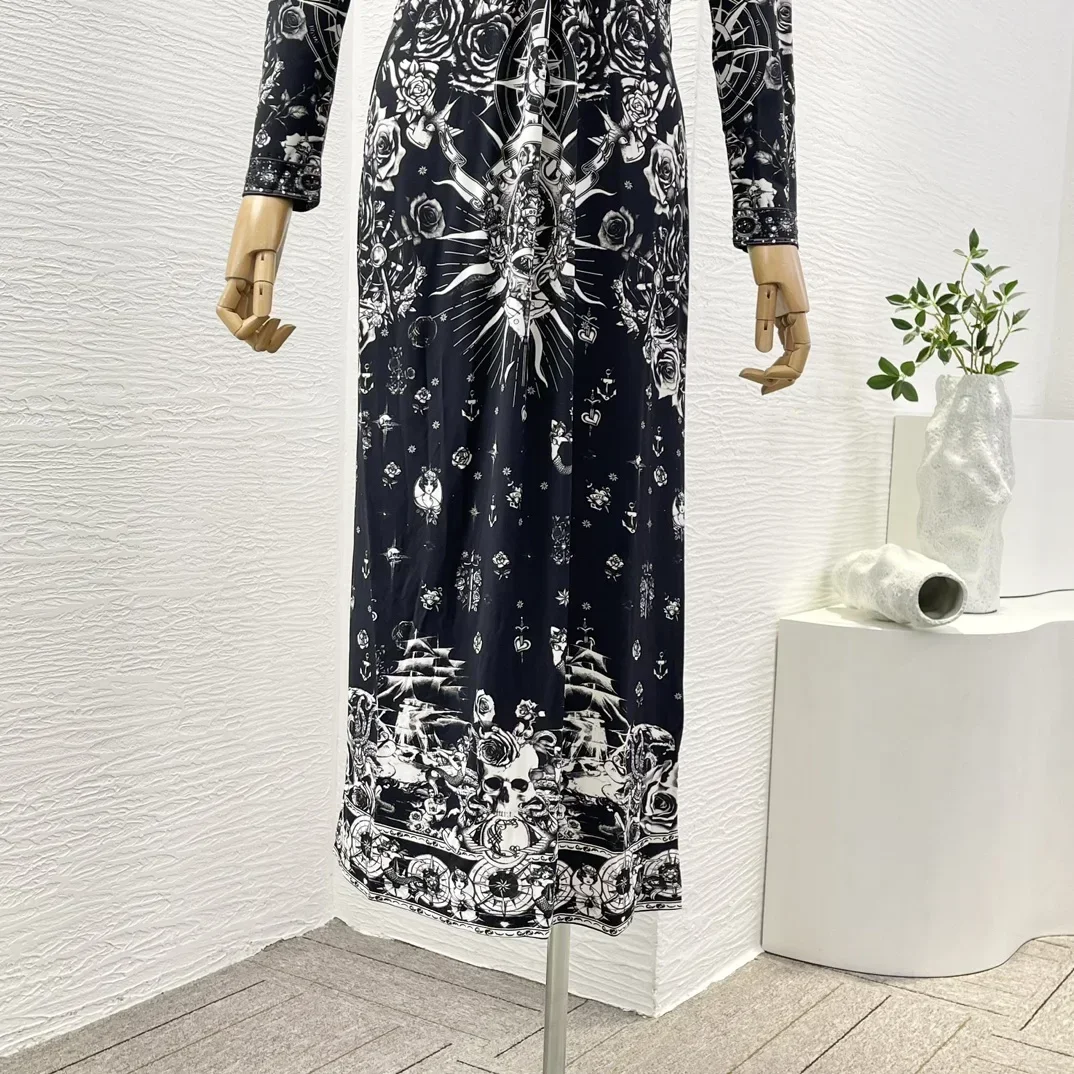 Preto rosa floral impressão dobras de alta qualidade 2024 recém chegados elegante corte cintura diamantes feminino midi vestidos para férias