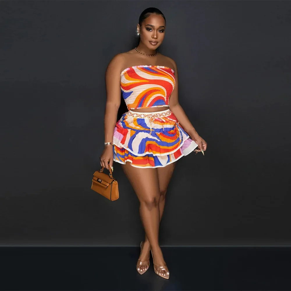 Tie Dye Women Set Bowknot Back Strapless Crop Top and Cascading Ruffles Mini Skirt 2024 Chic Two 2 Piece Set Outfits