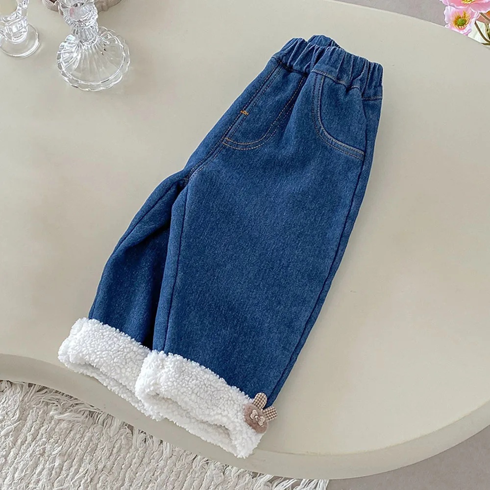 أطفال السراويل للفتيات الصوف رشاقته الدافئة الأطفال الملابس الشتوية بلون عارضة طفل فتاة الجينز #2