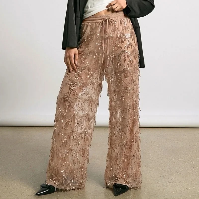Women Sequin Fringe Wide Leg Pants Elastic Drawstring Waist Mesh Sheer Diamond Tassel Wide Leg Trousers Elegant Club Party Pants