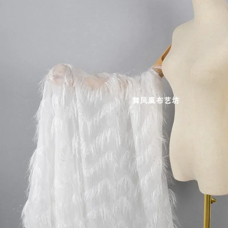 Jacquard Chiffon Fabric White Tassel Feather Dress Fashion Apparel Sewing Fabric Wholesale Cloth for By The Meter Diy Material