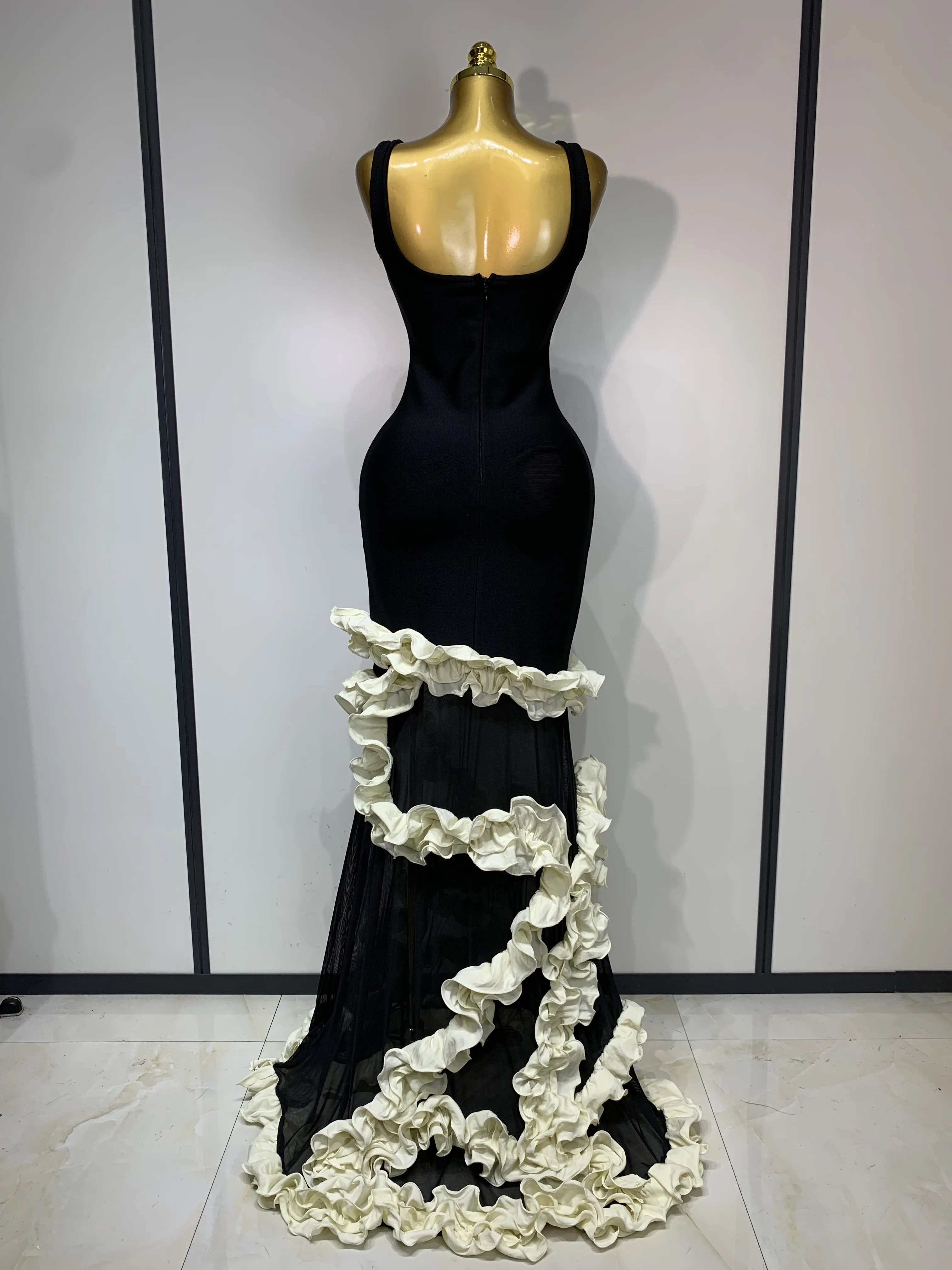 celebrity bandage dress black Women Sleeveless Ruffles Patchwork Maxi 2025 Elegant Evening Party Gowns Fashion Show Outfit Bridal gown