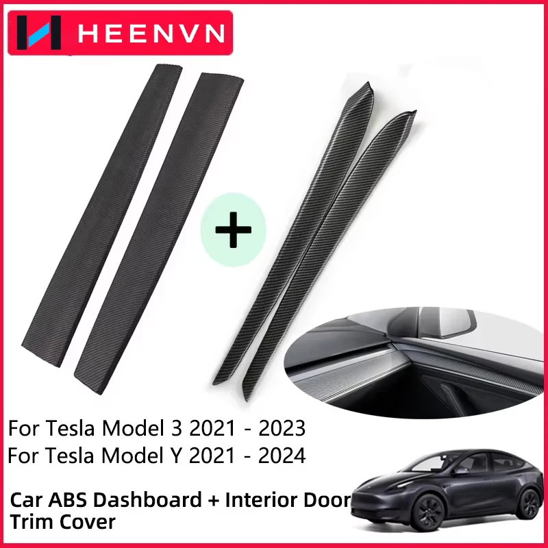 Heenvn Car Dashboard Strip Cover for Tesla Model 3 2023 Model Y Door Trim Panel Dash Trim ABS Carbon Protector Cover Accessories