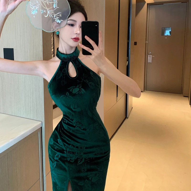 فستان حفلات مثير على الطراز الصيني بدون أكمام باللون الأخضر الزمردي غمد بفتحة عالية فستان Pleuche عتيق ميدي Bodycon Vestidos #3