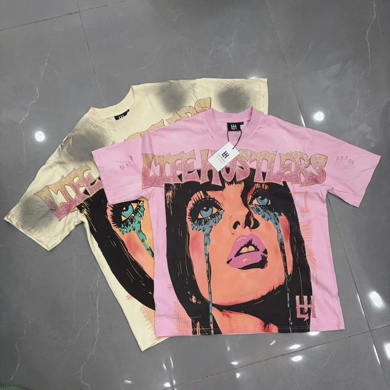 Trend Hip Hop Fashion Print High Quality LIFE HUSTLERS T-Shirt Stamped Diamonds Tops Tee Stock