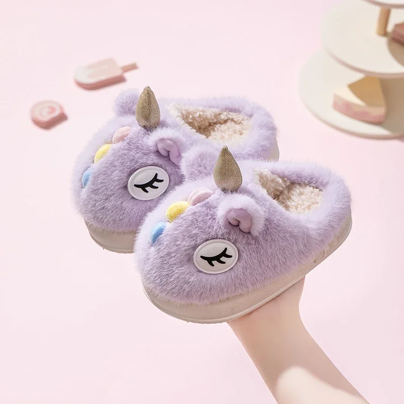 Kids Winter Cartoon Unicorn House Slippers Children Home Indoor Anti-slip Shoes Cozy Warm Outdoor Footwear for Boys Girls