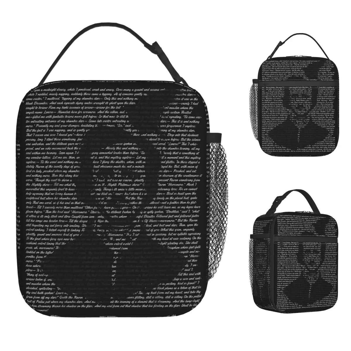 Gothic Edgar Allen Poe The Raven Nevermore Lunch Bag Portable Zipper Lunch Box  Office Print Cooler Bag Thermal Tote Handbags