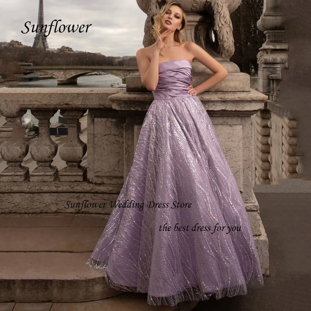 

Sunflower Strapless Formal Evening Dress 2023 Slim Pleat Satin Lace Appliques Prom dress A-LINE Floor-Length Pary Dress