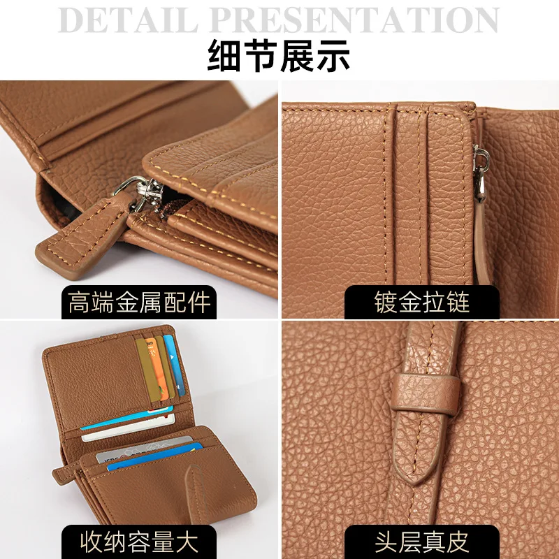Western Lychee Pattern Cowhide Leather Coin Women Wallet Multi-function Large Capacity Purse for Ladies
