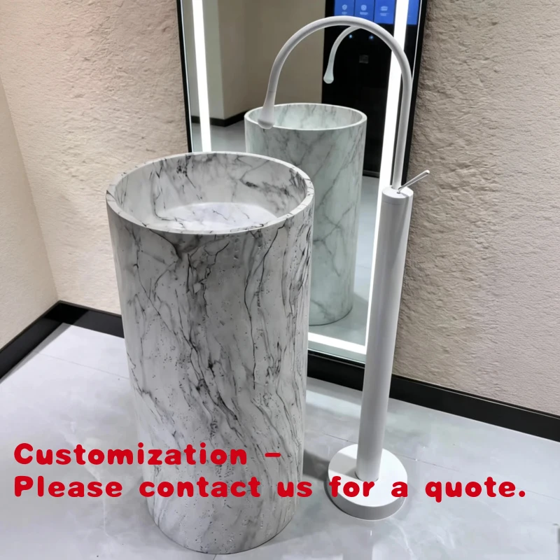 

Customize.Modern Vertical Black Stripe Freestanding Artificial Stone Pedestal Sink Hotels Apartments Villas Washrooms Draine