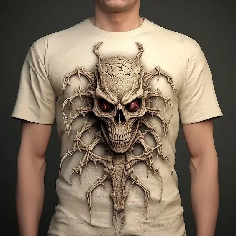 Fun Skeletal Spider Pattern 3D Printed Men's T-Shirt - Street Retro Style - Summer Quick-Drying Breathable Casual Short Sleeve