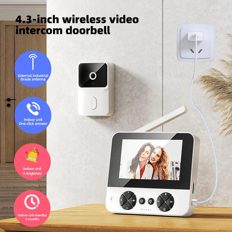 4.3'' Night Vision Video Doorbell Wireless Smart Security Camera Monitor Out Door Bell Wifi Door Viewer Two-way Wake-up Intercom