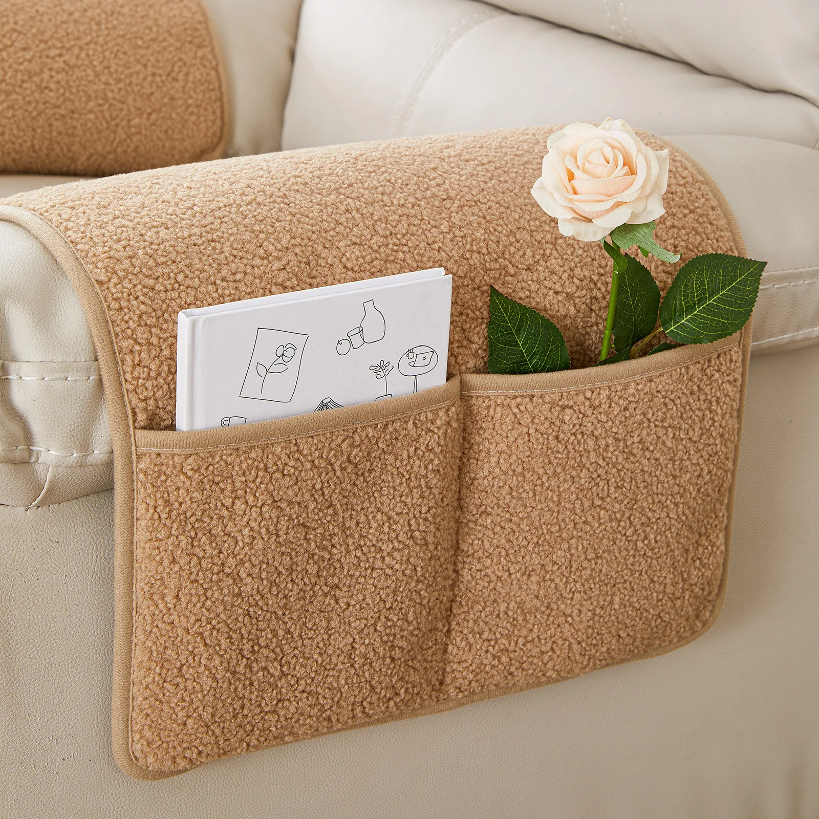3Pcs Sherpa Armrest Covers Set with Storage Pouch, Soft Fleece Sofa Arm Protector Pad, Living Room Couch Organizer