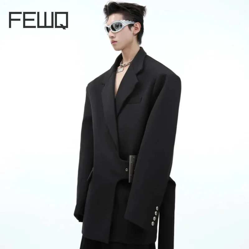 FEWQ Niche Metal Buckle Shoulder Pad Silhouette Men Suit Jacket Silver 2024 Zipper Letter Design Male Blazer Streetwear 24E2731